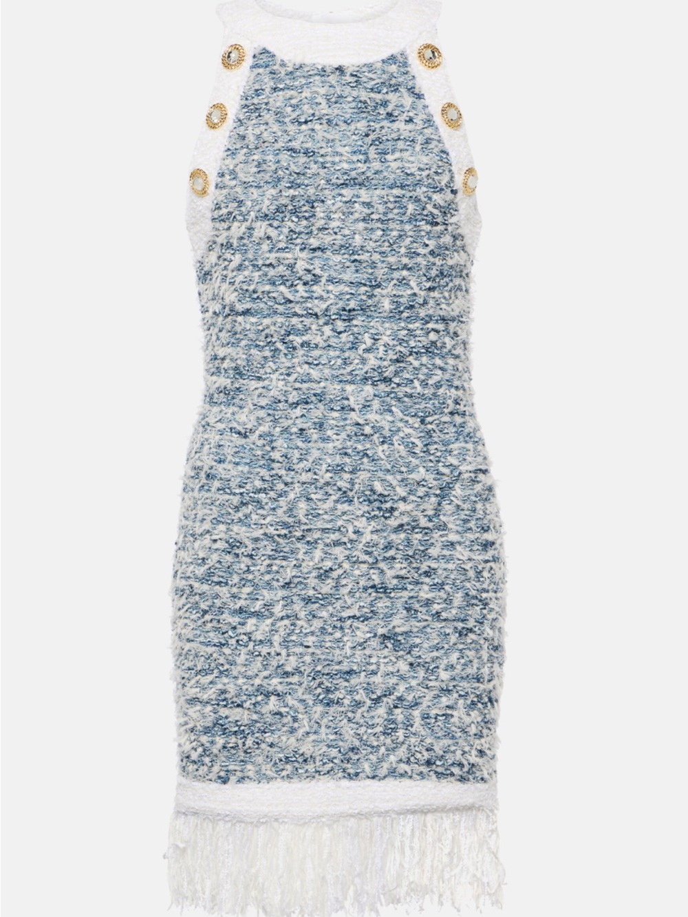Balmain Sleeveless Blue & White Tweed Fringe Dress